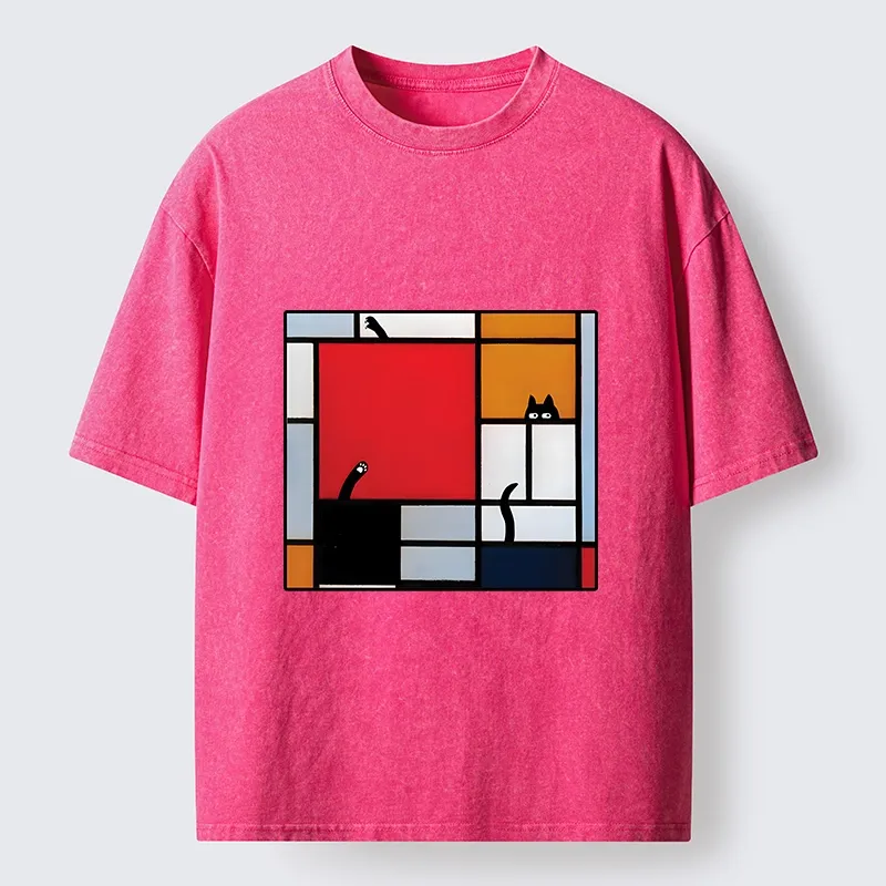 Tokyo-Tiger Geometric Cat Hide And Seek Washed T-Shirt