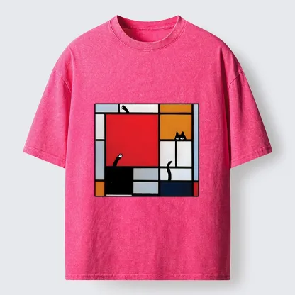Tokyo-Tiger Geometric Cat Hide And Seek Washed T-Shirt