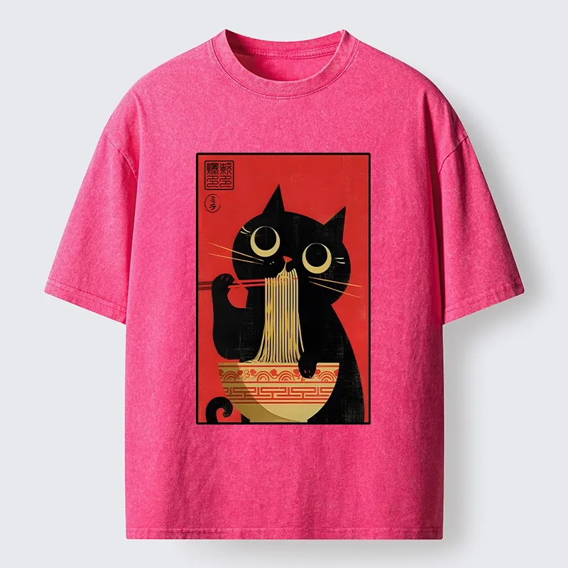 Tokyo-Tiger Cat Eats Ramen Like A Pro Washed T-Shirt Sale