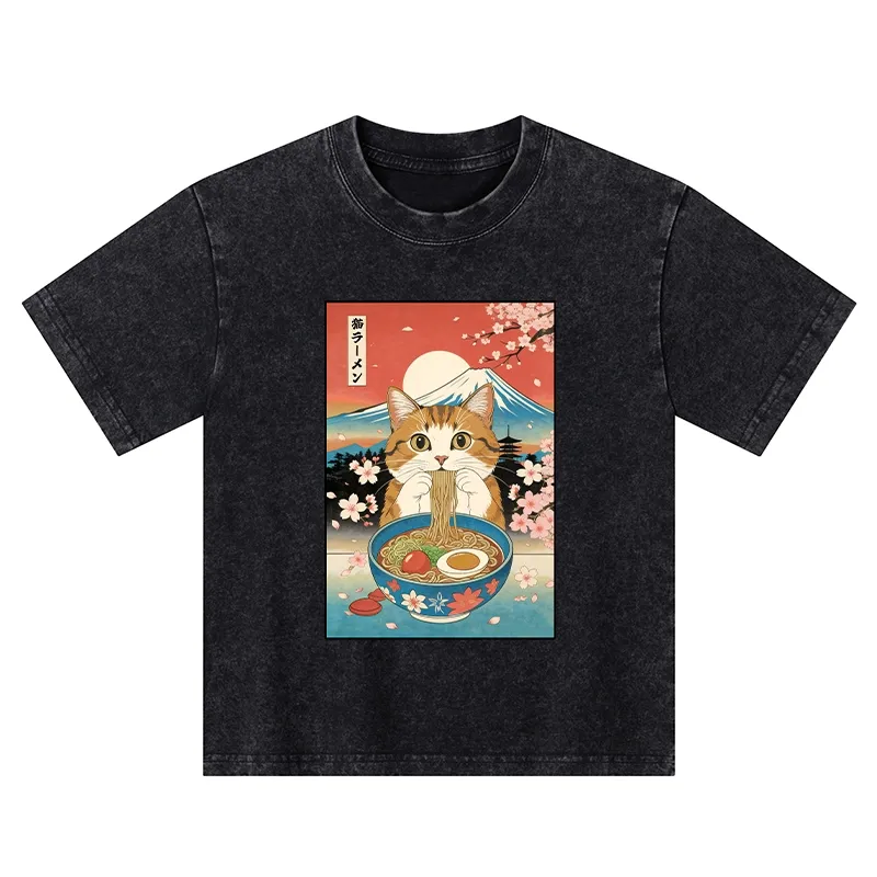 Tokyo-Tiger Funny Orange Cat Eating Ramen Japan Kids Washed T-Shirt