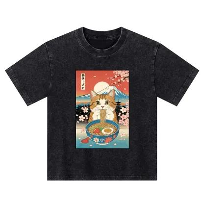 Tokyo-Tiger Funny Orange Cat Eating Ramen Japan Kids Washed T-Shirt