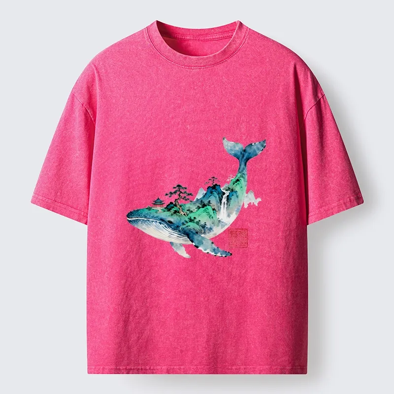 Tokyo-Tiger Whale Ink Painting Landscape Washed T-Shirt Sale