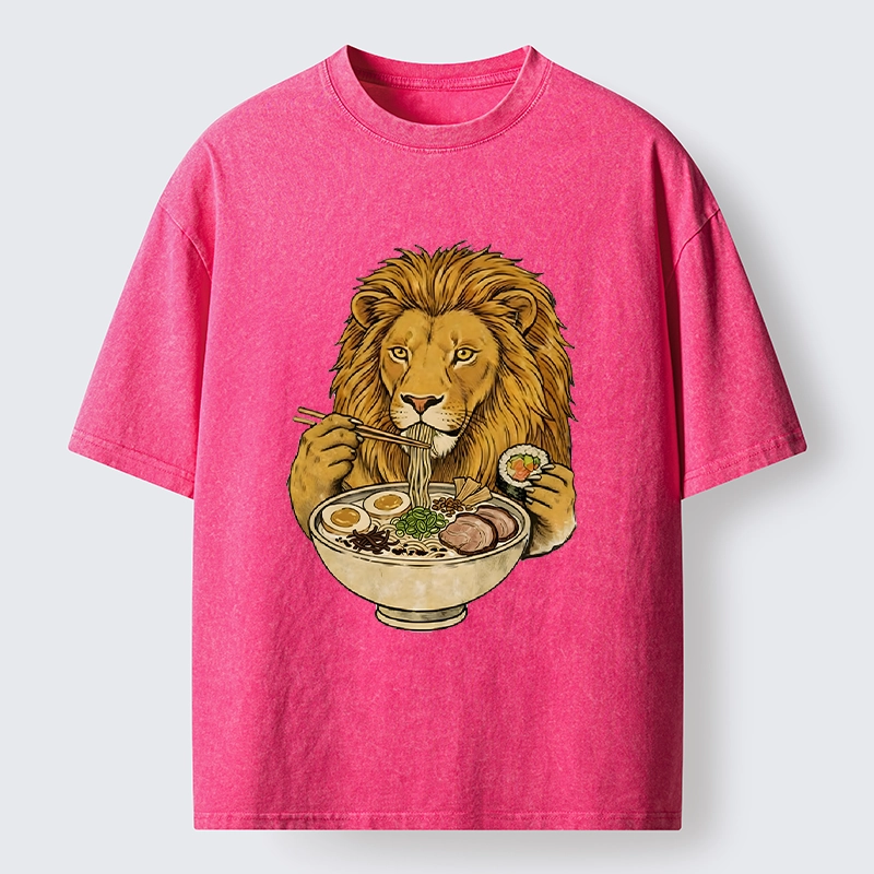 Tokyo-Tiger King Lion Enjoying Ramen Dinner Washed T-Shirt
