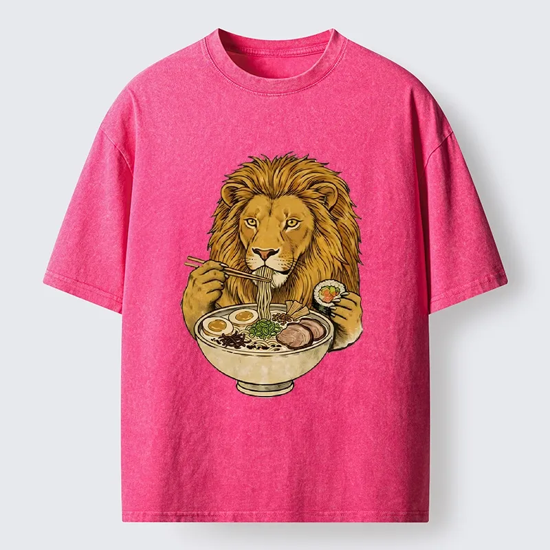 Tokyo-Tiger King Lion Enjoying Ramen Dinner Washed T-Shirt