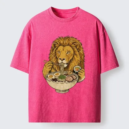 Tokyo-Tiger King Lion Enjoying Ramen Dinner Washed T-Shirt