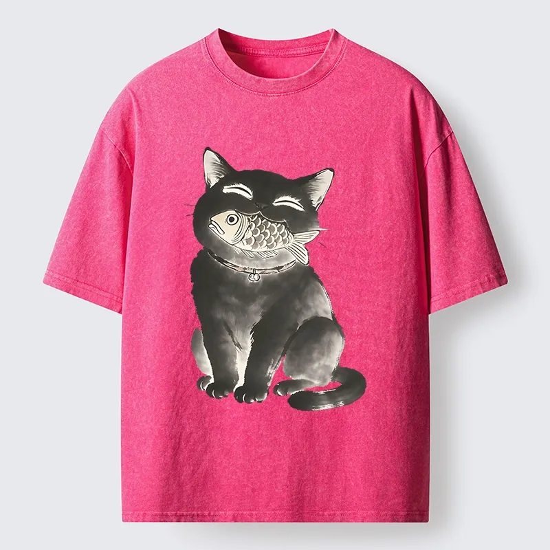 Tokyo-Tiger Black Cat Delightful Feast Washed T-Shirt
