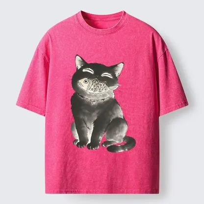 Tokyo-Tiger Black Cat Delightful Feast Washed T-Shirt