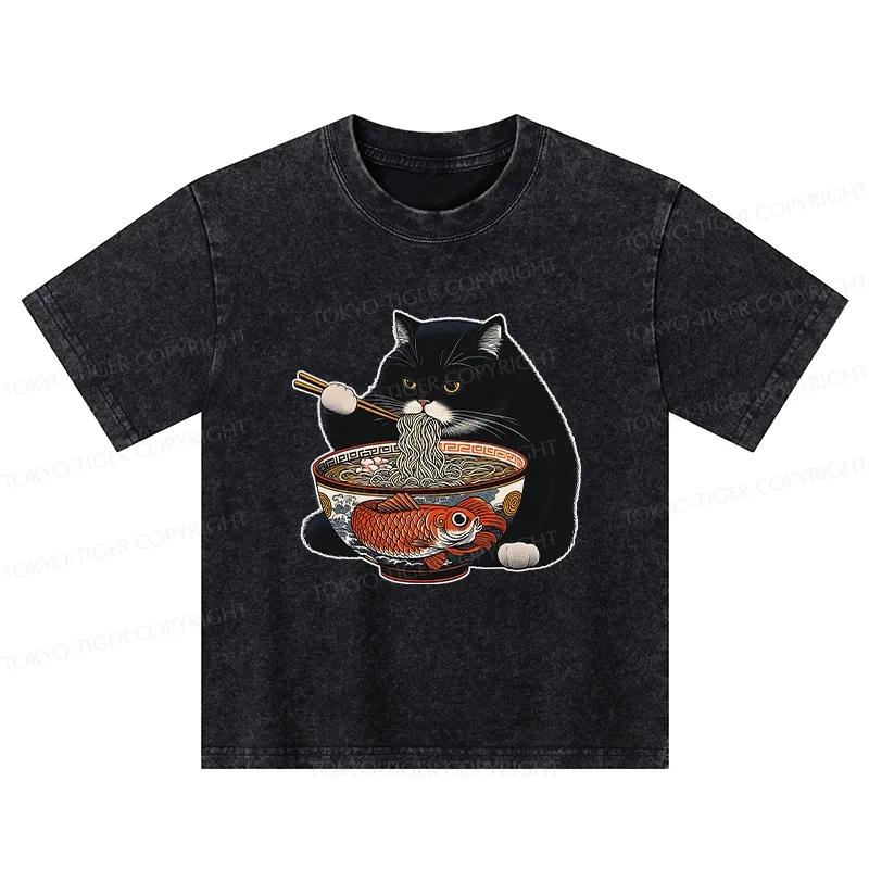 Tokyo-Tiger Fat Cat Eating Ramen Kids Washed T-Shirt