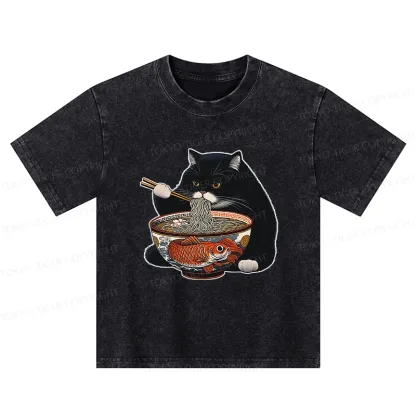 Tokyo-Tiger Fat Cat Eating Ramen Kids Washed T-Shirt