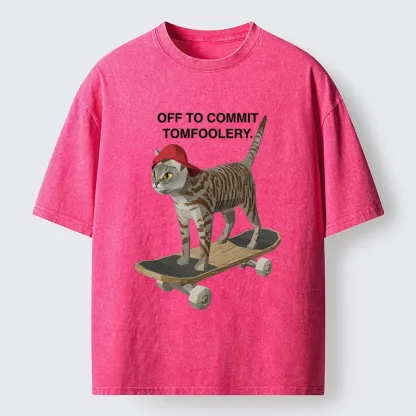Tokyo-Tiger Skateboarding Cat Funny Meme Washed T-Shirt