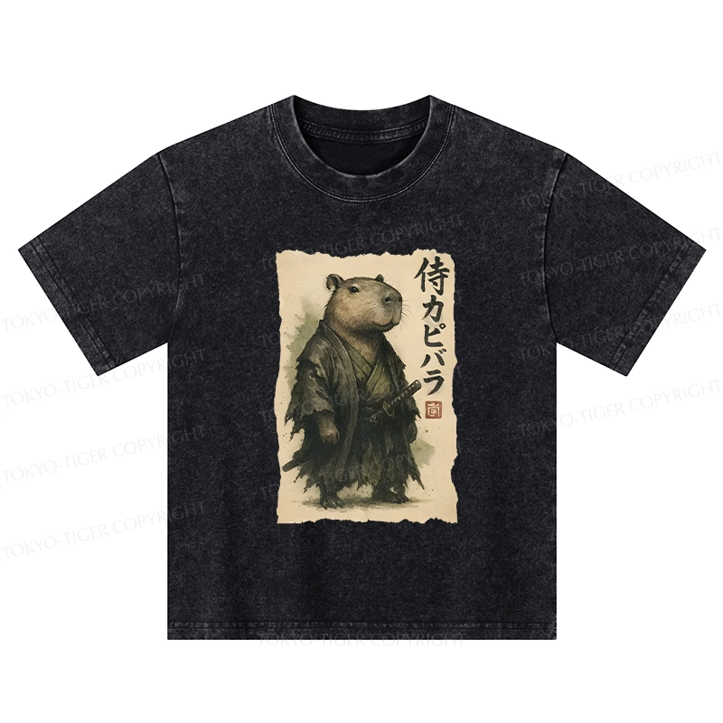 Tokyo-Tiger Capybara Samurai Kids Washed T-Shirt