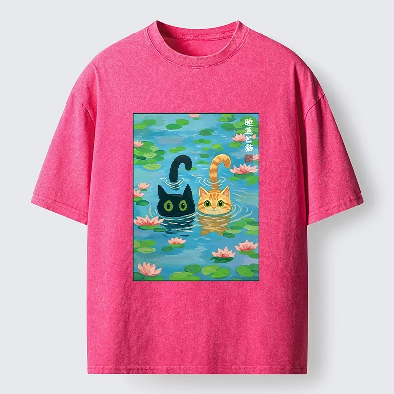 Tokyo-Tiger Cats In The Lotus Pond Washed T-Shirt