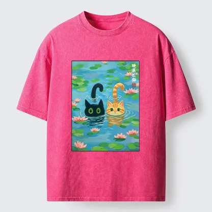 Tokyo-Tiger Cats In The Lotus Pond Washed T-Shirt