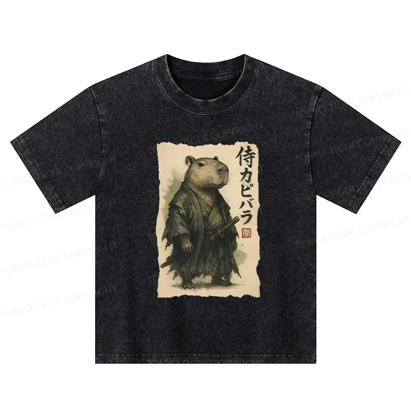 Tokyo-Tiger Capybara Samurai Kids Washed T-Shirt