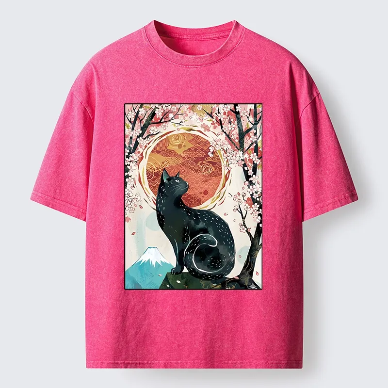 Tokyo-Tiger Black Cat Sakura Washed T-Shirt