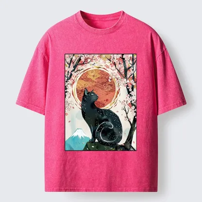 Tokyo-Tiger Black Cat Sakura Washed T-Shirt