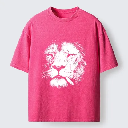Tokyo-Tiger Tired Lion Funny Smoking Washed T-Shirt