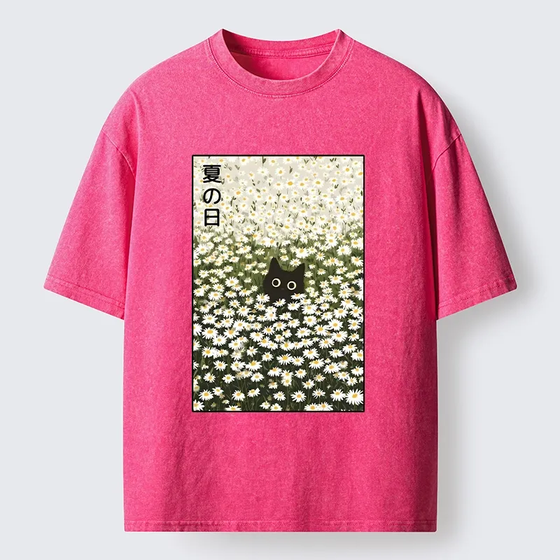 Tokyo-Tiger Summer Day Daisies Black Cat Washed T-Shirt