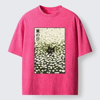 Tokyo-Tiger Summer Day Daisies Black Cat Washed T-Shirt