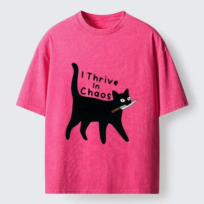 Tokyo-Tiger Chaotic Black Cat With Knife Washed T-Shirt