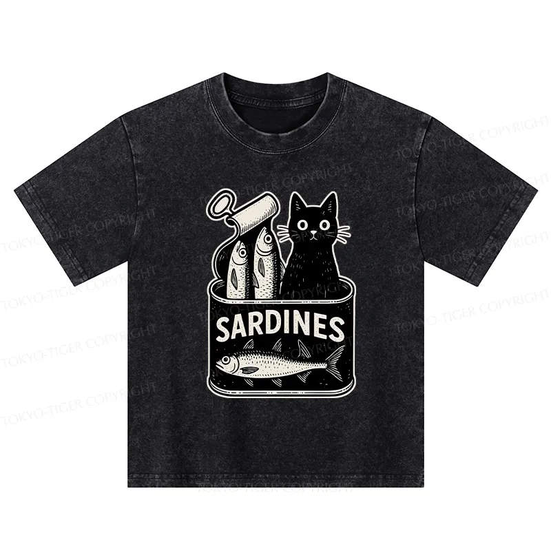 Tokyo-Tiger Cat And Canned Fish Kids Washed T-Shirt