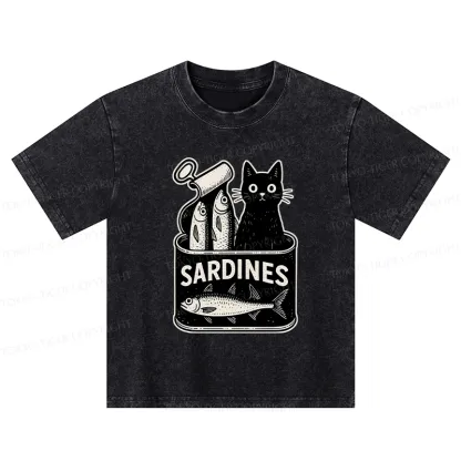 Tokyo-Tiger Cat And Canned Fish Kids Washed T-Shirt
