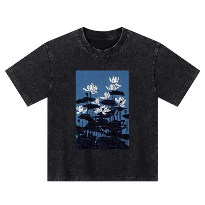 Tokyo-Tiger Blue Lotus Japanese Art Kids Washed T-Shirt