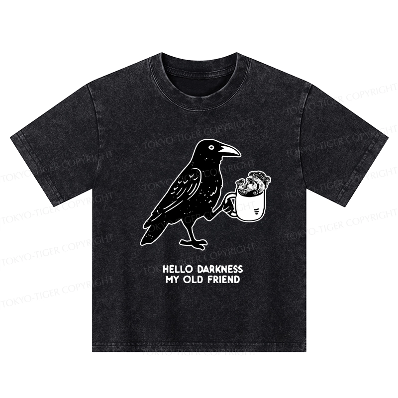 Tokyo-Tiger Crow Drinking Black Coffee Funny Kids Washed T-Shirt