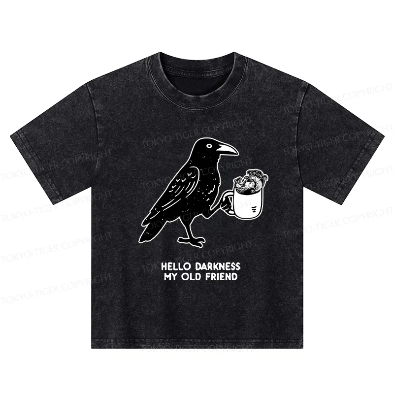 Tokyo-Tiger Crow Drinking Black Coffee Funny Kids Washed T-Shirt