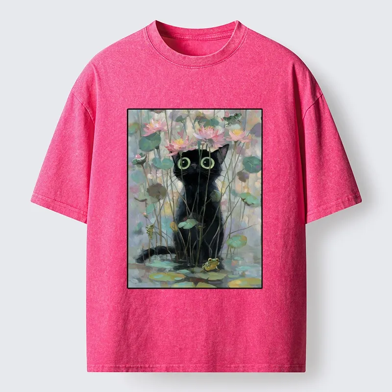 Tokyo-Tiger Black Cat In The Lotus Pond Washed T-Shirt