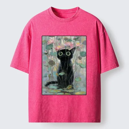 Tokyo-Tiger Black Cat In The Lotus Pond Washed T-Shirt