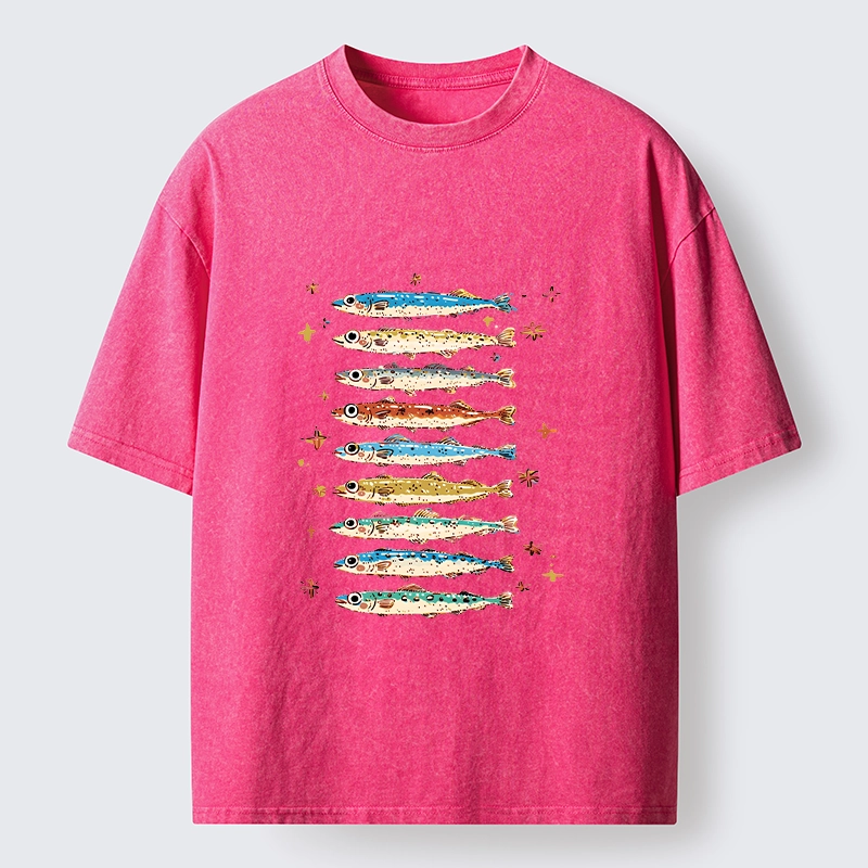 Tokyo-Tiger Colorful Fish Family Art Washed T-Shirt