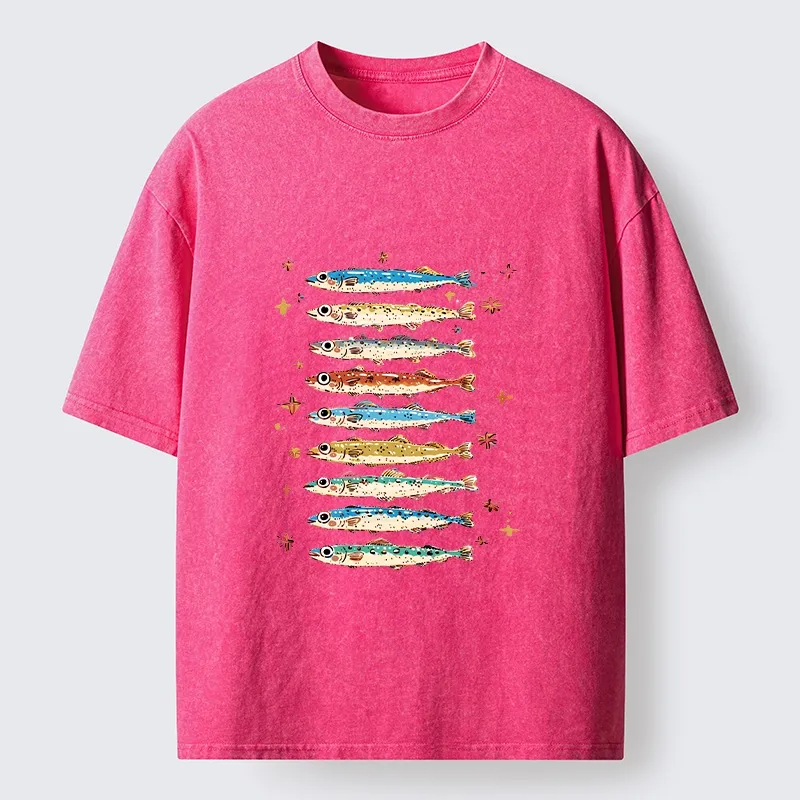 Tokyo-Tiger Colorful Fish Family Art Washed T-Shirt