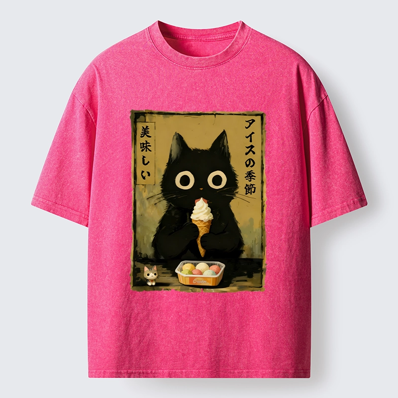 Tokyo-Tiger Black Cat Loves Ice Cream Washed T-Shirt