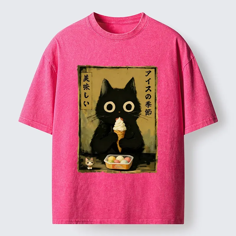 Tokyo-Tiger Black Cat Loves Ice Cream Washed T-Shirt