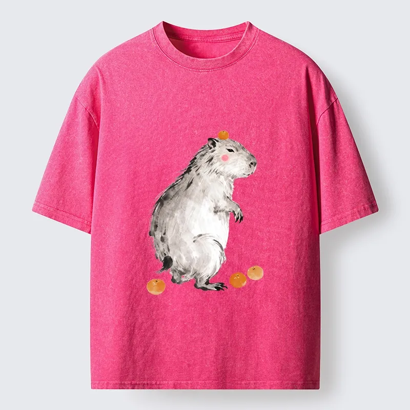 Tokyo-Tiger Orange On Capybara Funny Washed T-Shirt