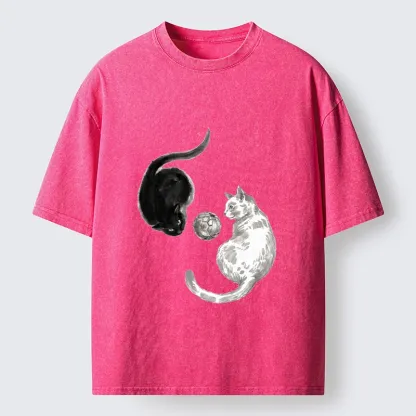 Tokyo-Tiger Cool Yin Yang Cat Art Washed T-Shirt