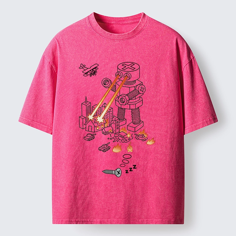 Tokyo-Tiger Funny Screw Robot Destroying City Washed T-Shirt