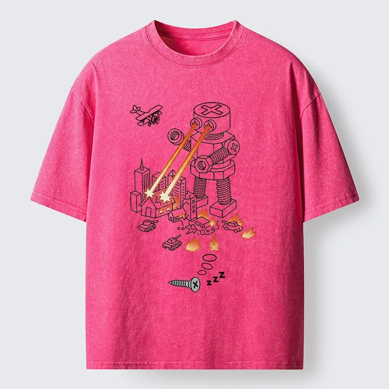 Tokyo-Tiger Funny Screw Robot Destroying City Washed T-Shirt