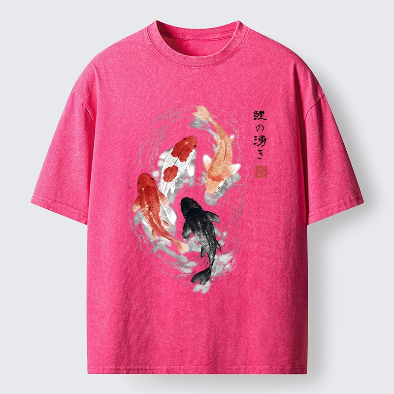 Tokyo-Tiger Koi Fish Flow In Traditional Ink Style Washed T-Shirt
