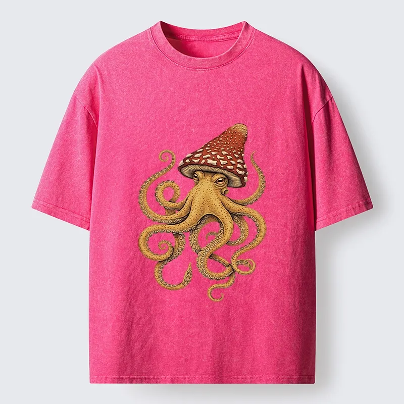 Tokyo-Tiger Mushroom Octopus Fantasy Art Washed T-Shirt