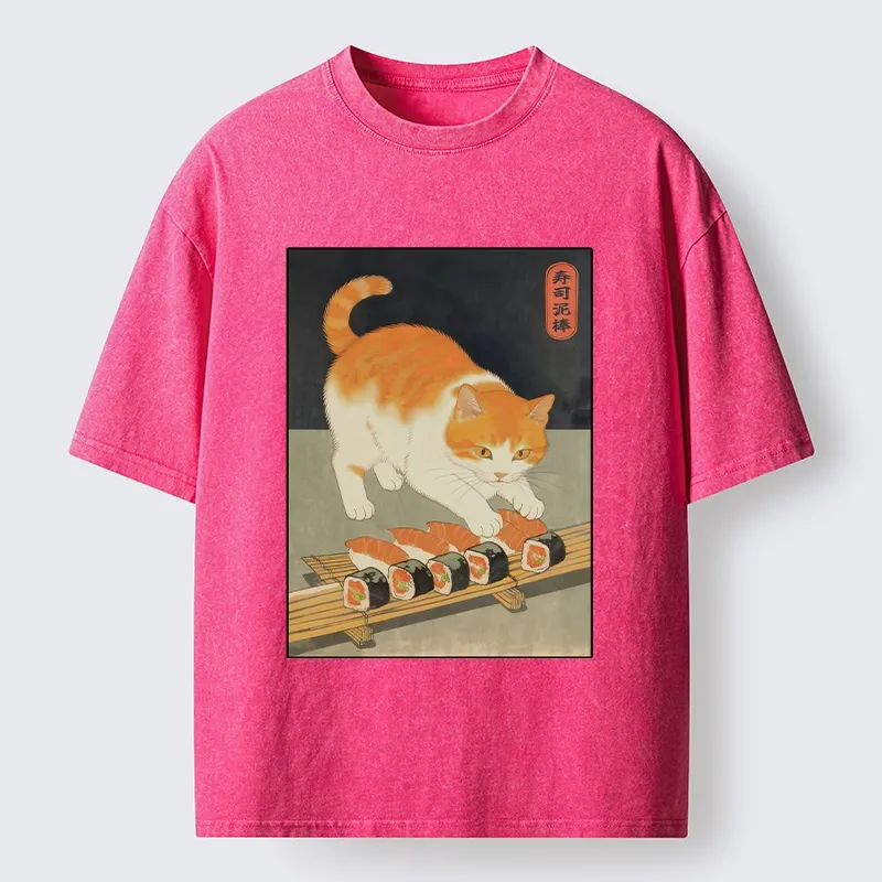 Tokyo-Tiger Cat Trying To Steal Sushi Washed T-Shirt