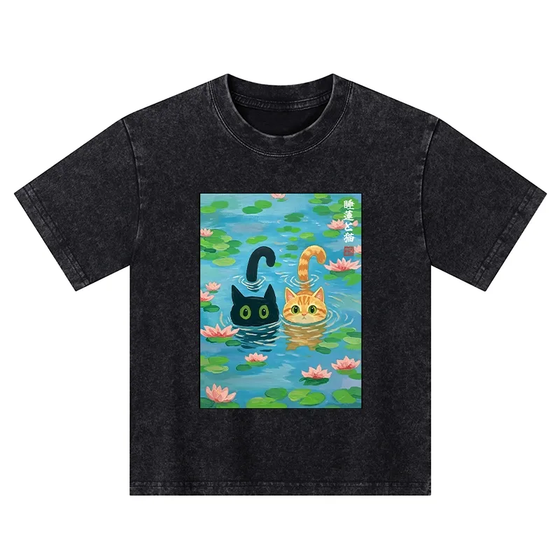 Tokyo-Tiger Cats In The Lotus Pond Kids Washed T-Shirt