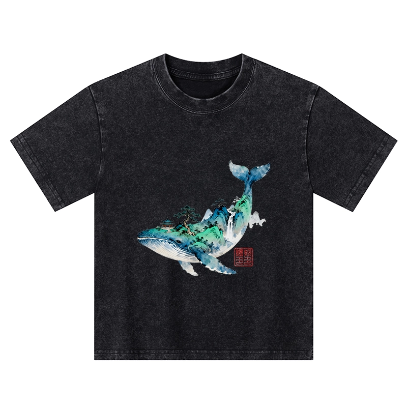 Tokyo-Tiger Whale Ink Painting Landscape Kids Washed T-Shirt