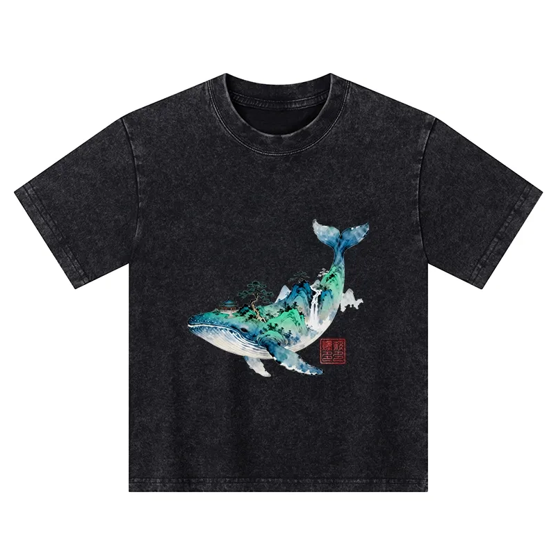 Tokyo-Tiger Whale Ink Painting Landscape Kids Washed T-Shirt