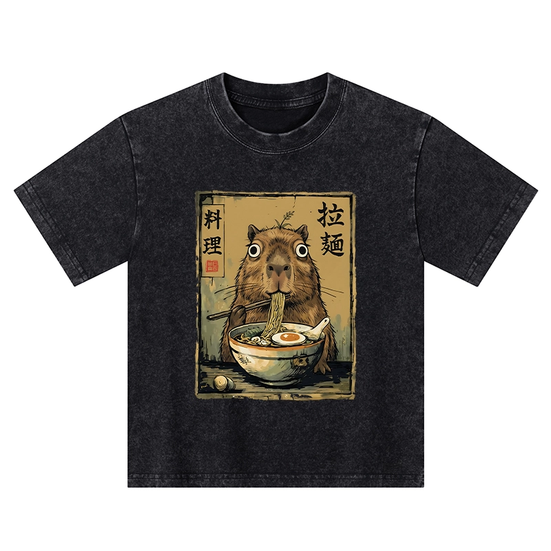 Tokyo-Tiger Cute Capybara Eating Ramen Kids Washed T-Shirt