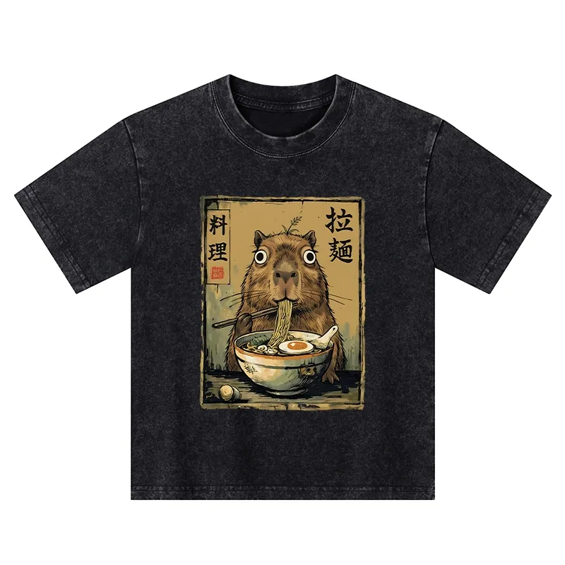 Tokyo-Tiger Cute Capybara Eating Ramen Kids Washed T-Shirt Sale