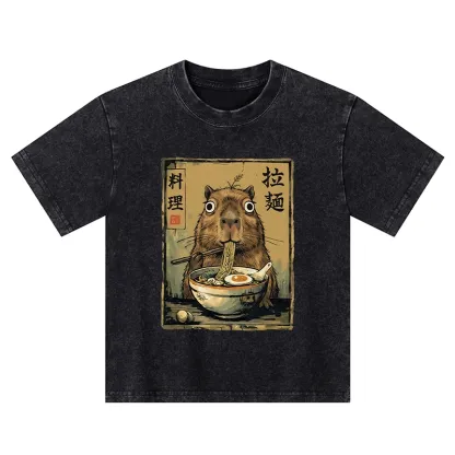Tokyo-Tiger Cute Capybara Eating Ramen Kids Washed T-Shirt