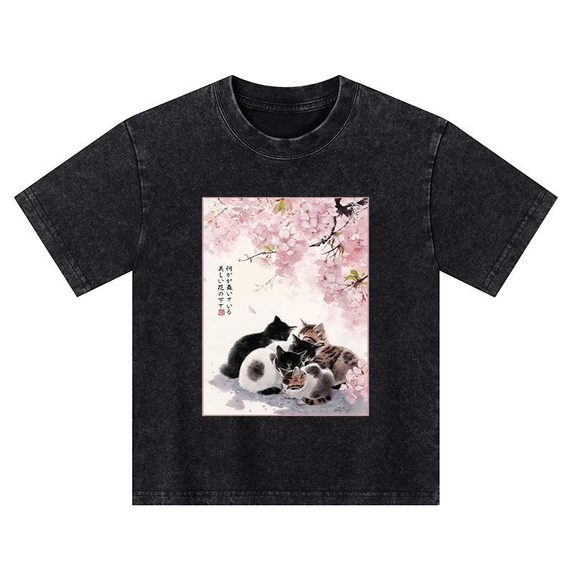 Tokyo-Tiger Cute Cats Sakura Garden Kids Washed T-Shirt