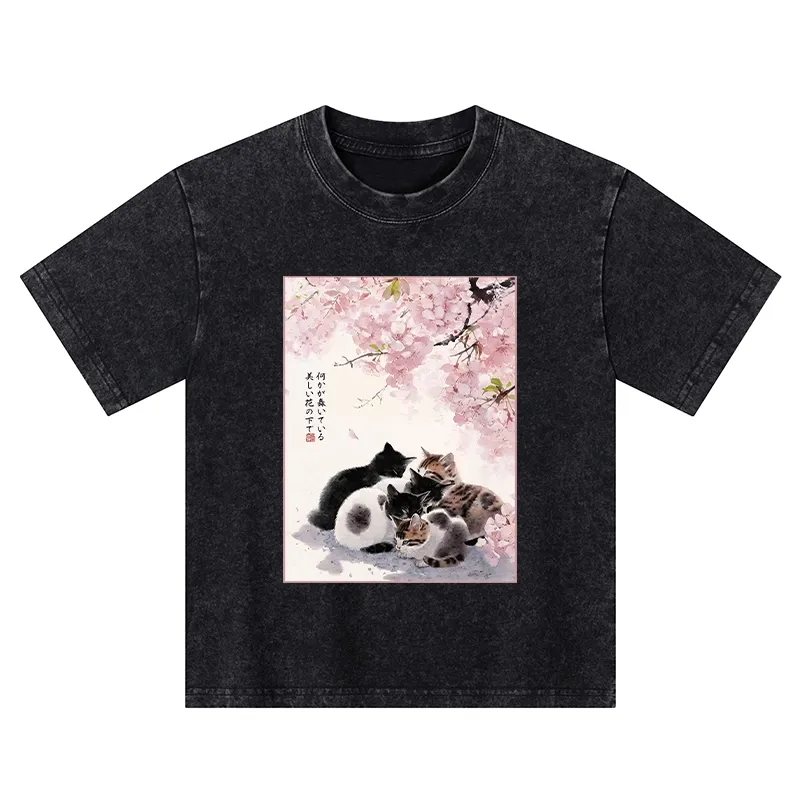 Tokyo-Tiger Cute Cats Sakura Garden Kids Washed T-Shirt